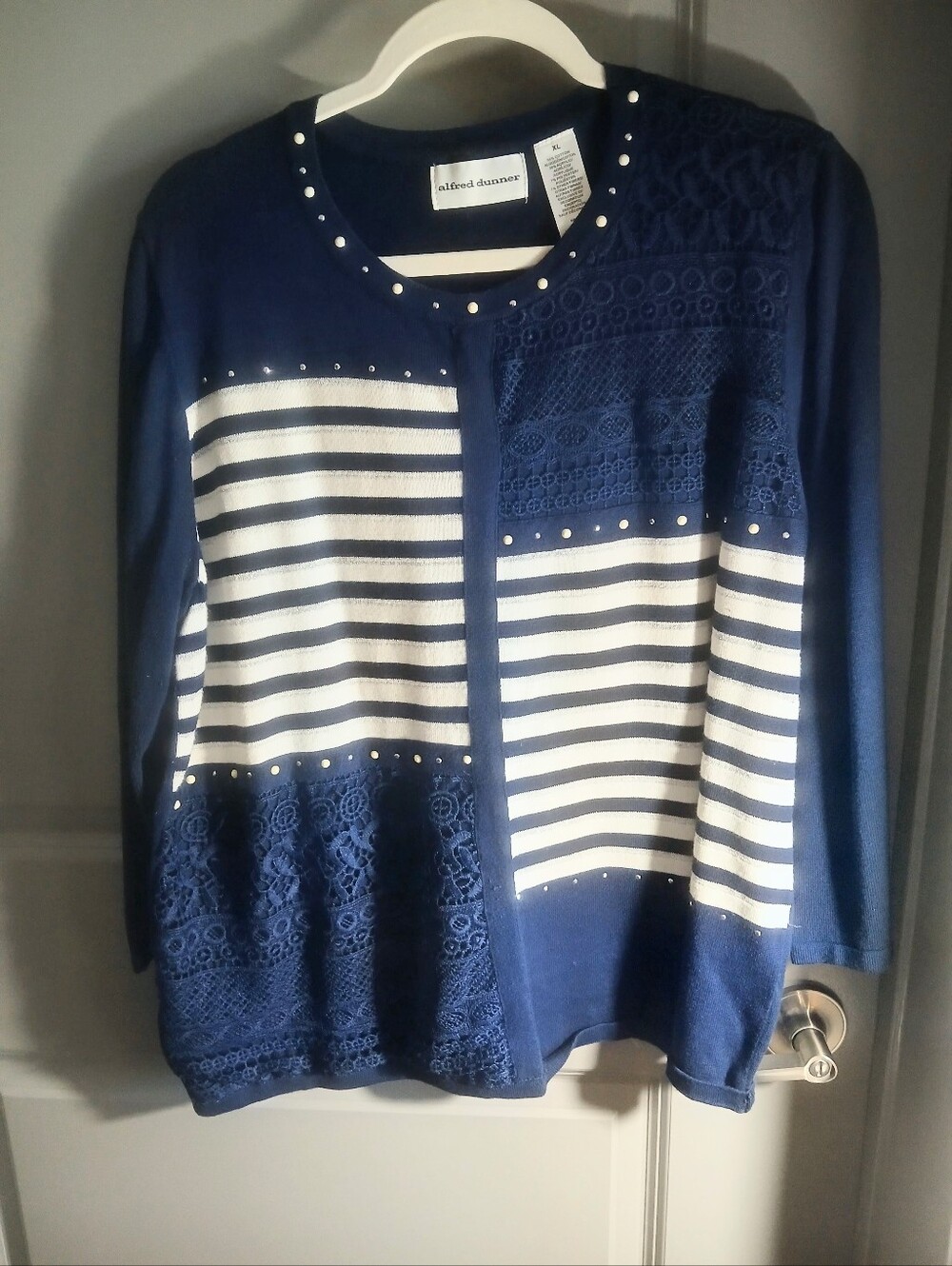 Alfred Dunner Navy Knit Striped and Lace Long Sleeve Top EUC XL